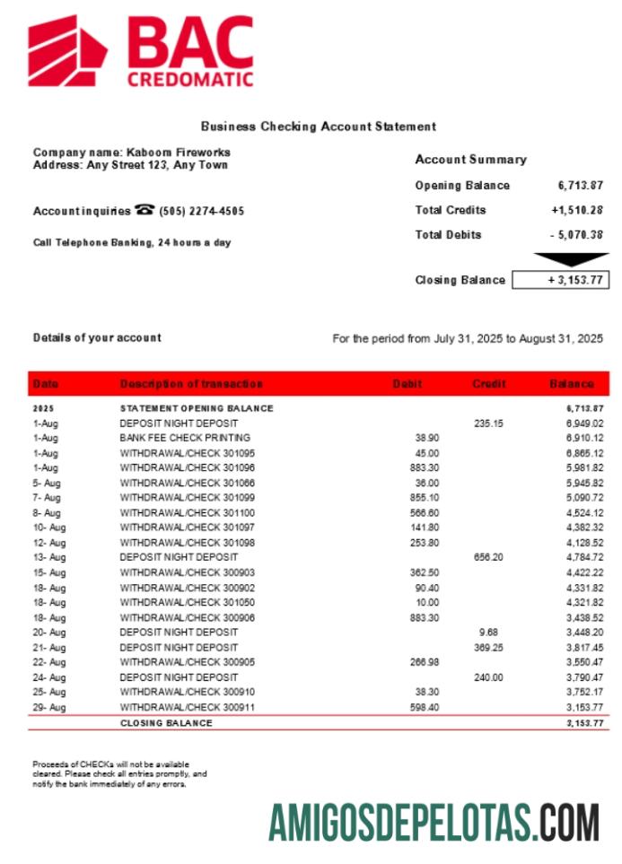 BAC Credomatic Enterprise Statement formato Word e PDF (1) exemplo